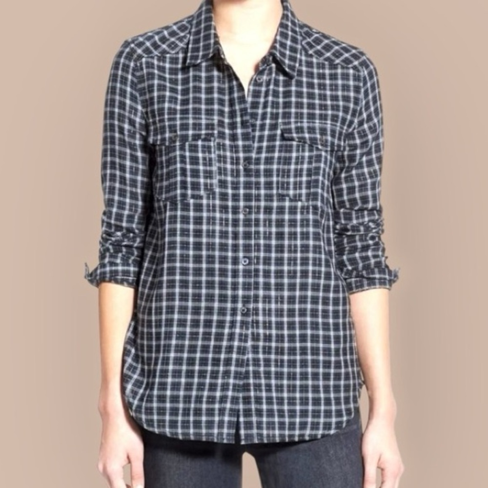 PAIGE Mya Metallic Plaid Button-Up Shirt in Dark Slate / Blue Stone Women’s M